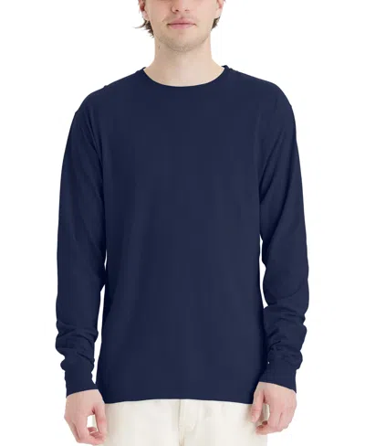 Hanes Unisex Garment Dyed Long Sleeve Cotton T-shirt In Navy