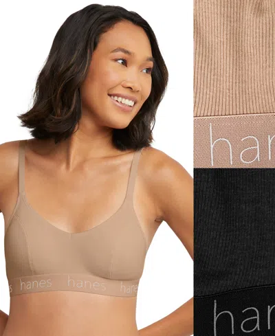 Hanes Women's 2-pk. Originals Ultimate Stretch Cotton Triangle Bralette Dho101 In Deep Glow,black (alss)