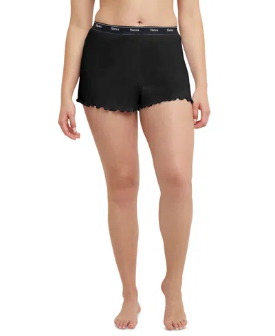 Hanes Women's Originals Cozywear Ribbed Ruffled Shorts Og118 In Black