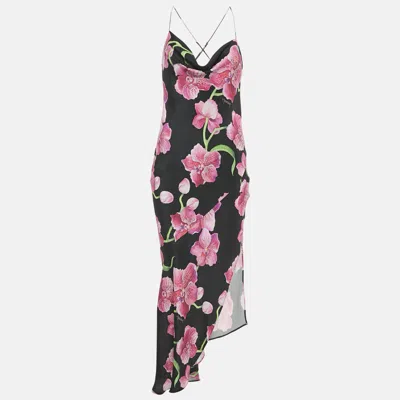 Haney Black Floral Print Silk Cowl Neck Slip Dress