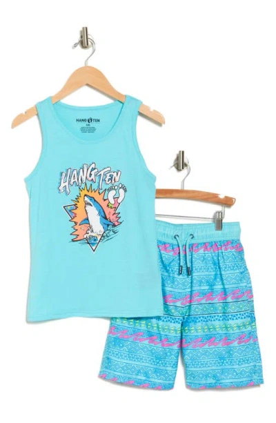 Hang Ten Kids' Shark Tank Top & Swim Trunks Set In Blue