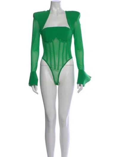 Pre-owned Hanifa Square Neckline Long Sleeve Bodysuit In Green