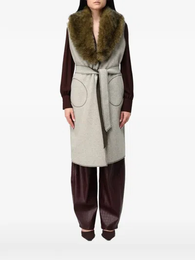 Hanita Belted Faux-fur Collar Gilet In Gray