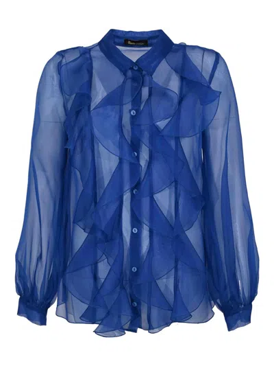 Hanita Silk Organza Shirt With Rouches In Blue