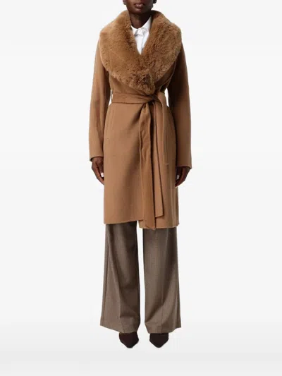 Hanita Faux-fur Collar Belted Coat In Brown