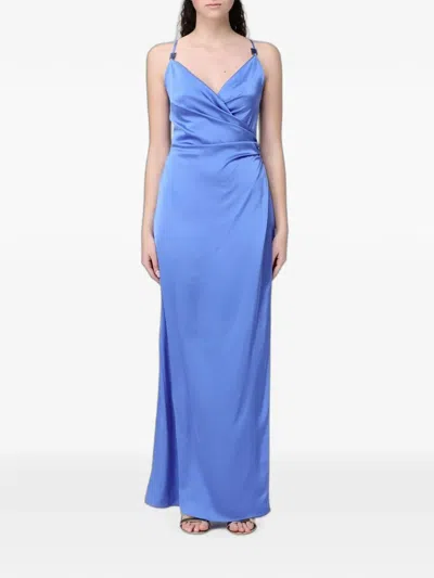 Hanita Maxi Lace-up Satin Dress In Blue