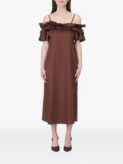 Hanita Ruffled Off-the-shoulder Midi Dress In Brown