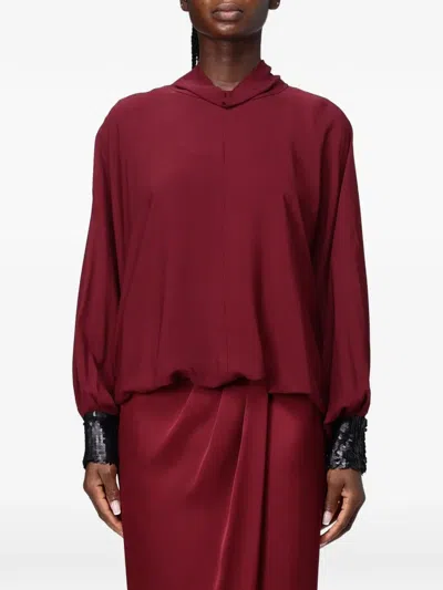 Hanita Sequin-cuff High-neck Top In 레드