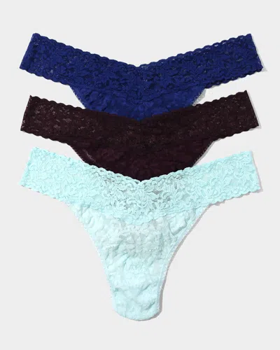 Hanky Panky 3-pack Original-rise Multicolor Lace Thongs In Midnight Blue Plum Purple Celeste Blue