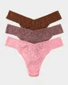 Hanky Panky 3 Pack Signature Lace Original Rise Thongs In Printed Box In Pink Lady Artichoke Heart Macchiato Brown