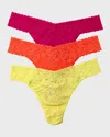 Hanky Panky 3 Pack Plus Size Signature Lace Original Rise Thongs In Printed Box In Pink Ruby/orange Spa