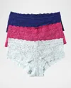 Hanky Panky 3-pack Signature Lace Boyshorts In Midnight Blue/wild Rose/pearl Grey