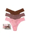 Hanky Panky 3 Pack Signature Lace Original Rise Thongs In Printed Box In Pink