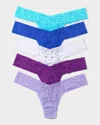 Hanky Panky 5 Pack Signature Lace Low Rise Thongs In Printed Box In Tempting Turquoise Sapphire Blue White Tiwlight Purple Hyacinth