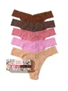 Hanky Panky 5 Pack Signature Lace Original Rise Thongs In Printed Box In Brown