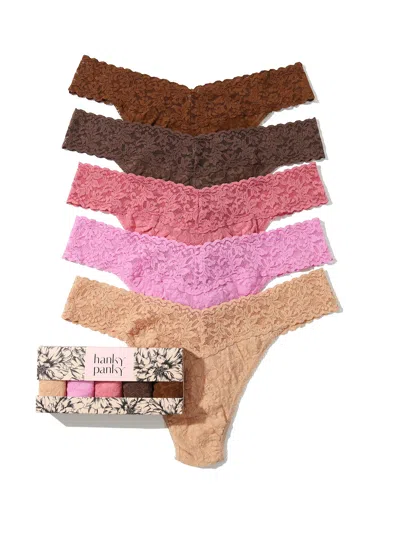 Hanky Panky 5 Pack Signature Lace Original Rise Thongs In Printed Box In Honey Drifting Horizon Pink Quartz Cappuccino Chocolat Noir