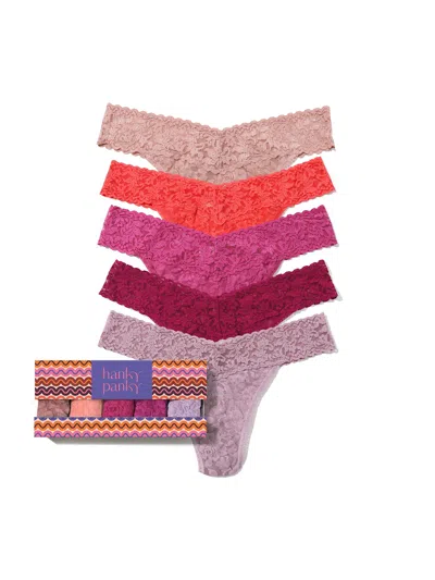 Hanky Panky 5 Pack Signature Lace® Original Rise Thongs In Wild Rose Printed Box In Multi