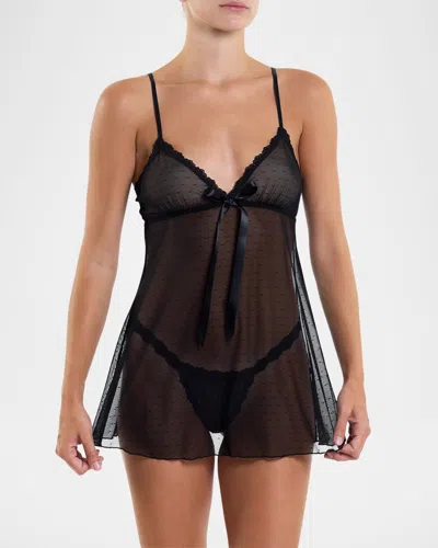 Hanky Panky &oh Dotted Tulle Babydoll & G-string Set In Black