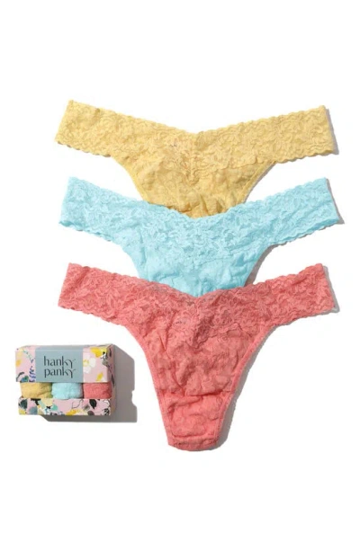 Hanky Panky Assorted 3-pack Lace Original Rise Thongs In Blue/ Yellow/ Coral