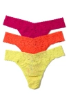 Hanky Panky Assorted 3-pack Lace Original Rise Thongs In Yellow/pink/orange