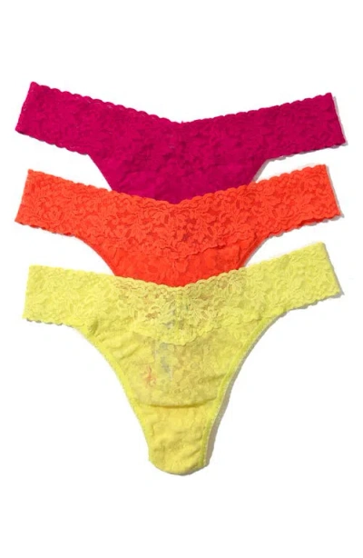 Hanky Panky Assorted 3-pack Lace Original Rise Thongs In Yellow/pink/orange
