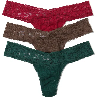 Hanky Panky Assorted 3-pack Low Rise Thongs In Cranberry/cappuccino/ivy