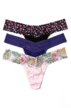 Hanky Panky Assorted 3-pack Low Rise Thongs In Pink Leaves/purple/navy Vine