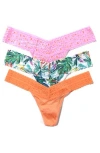 Hanky Panky Assorted 3-pack Low Rise Thongs In Pink/ivory Leaf/orange