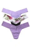 Hanky Panky Assorted 3-pack Low Rise Thongs In Wisteria/ivory Leaf/purple