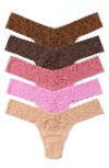 Hanky Panky 5-pack Low-rise Multicolor Lace Thongs In Coral/pink/brown Multi