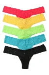 Hanky Panky 5 Pack Signature Lace Low Rise Thongs In Printed Box In Green Tones