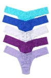 Hanky Panky 5 Pack Signature Lace Low Rise Thongs In Printed Box In Purple/blue/white