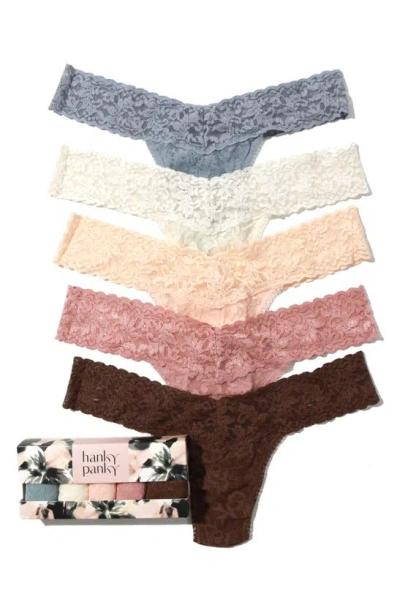 Hanky Panky 5 Pack Signature Lace Low Rise Thongs In Printed Box In Nude