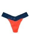 Hanky Panky Colorplay Original Lace Thong In Tangelo/ Oxford Blue