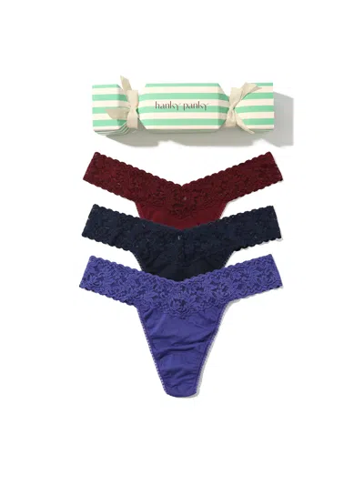 Hanky Panky Cotton Original Rise Thong Holiday 3 Pack Cracker In Blue