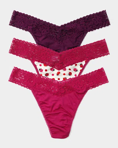 Hanky Panky Dream Original-rise Jersey Thongs 3-pack In Fine Wine, Do Or Dot, Kiss From A Rose
