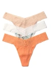Hanky Panky Dreamease Lace-trim Thongs, Pack Of 3 In Chai/flrnc/begna Leaf