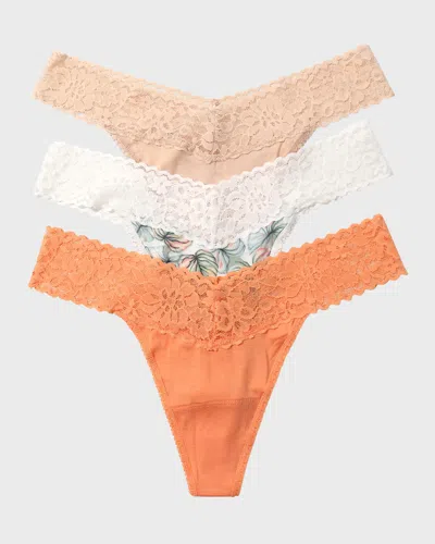 Hanky Panky Dreamease Lace-trim Thongs, Pack Of 3 In Chai/flrnc/begna Leaf