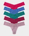 Hanky Panky Five-pack Signature Low-rise Lace Thongs In Pink Ruby/sea Blue/dark Teal/bright Amethyst/water Lily