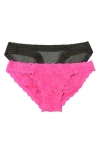Hanky Panky Lace Brazilian Bikini Panties In Heather Granite/fiesta Pink