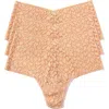Hanky Panky Leopard Lace 3-pack Retro High Waist Thongs In Brown