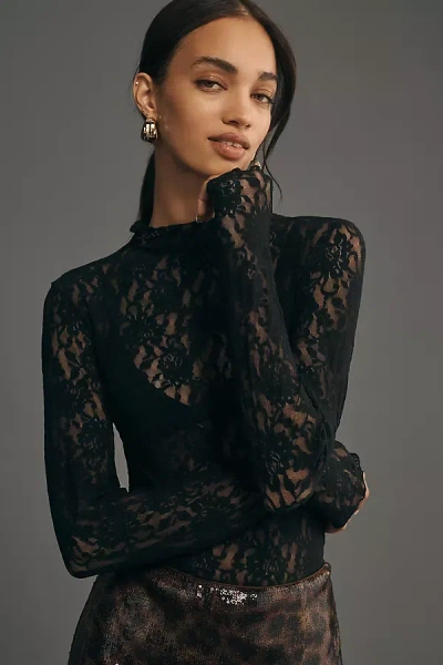 Hanky Panky Long-sleeve Mock-neck Signature Lace Bodysuit In Black