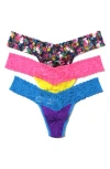 Hanky Panky Low Rise Lace Thongs In Black Multi/pink/blue