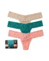 Hanky Panky Signature Lace Low Rise Thong Fashion 3-pack In Chai/dark Teal/ballet