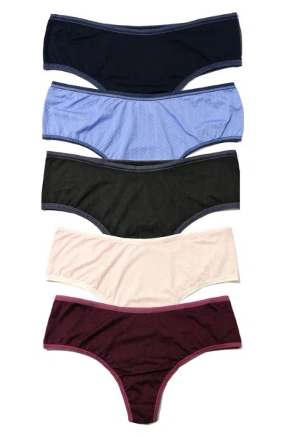 Hanky Panky Women's Move Calm Mid Rise Thong 5 Pack In Black,cool,berry,dcherry