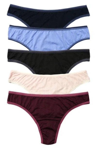 Hanky Panky Movecalm™ Assorted 5-pack Natural Rise Thongs In Black Cool Water Marshmallow