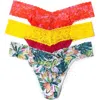 Hanky Panky Original Rise Lace Thongs In Coral/bugundy Yellow/palms