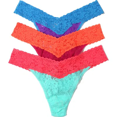 Hanky Panky Original Rise Stretch Lace Thong Panties In Teal/red/purple