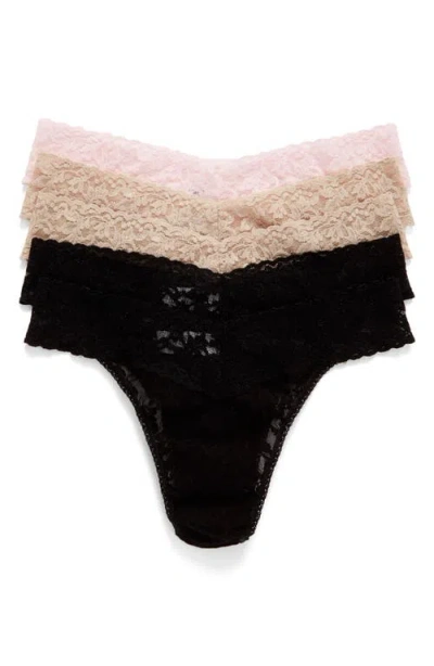 Hanky Panky Original Rise Thong In Black/chai/bliss Pink