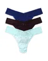 Hanky Panky 3-pack Original-rise Multicolor Lace Thongs In Midnight Blue/purple/blue